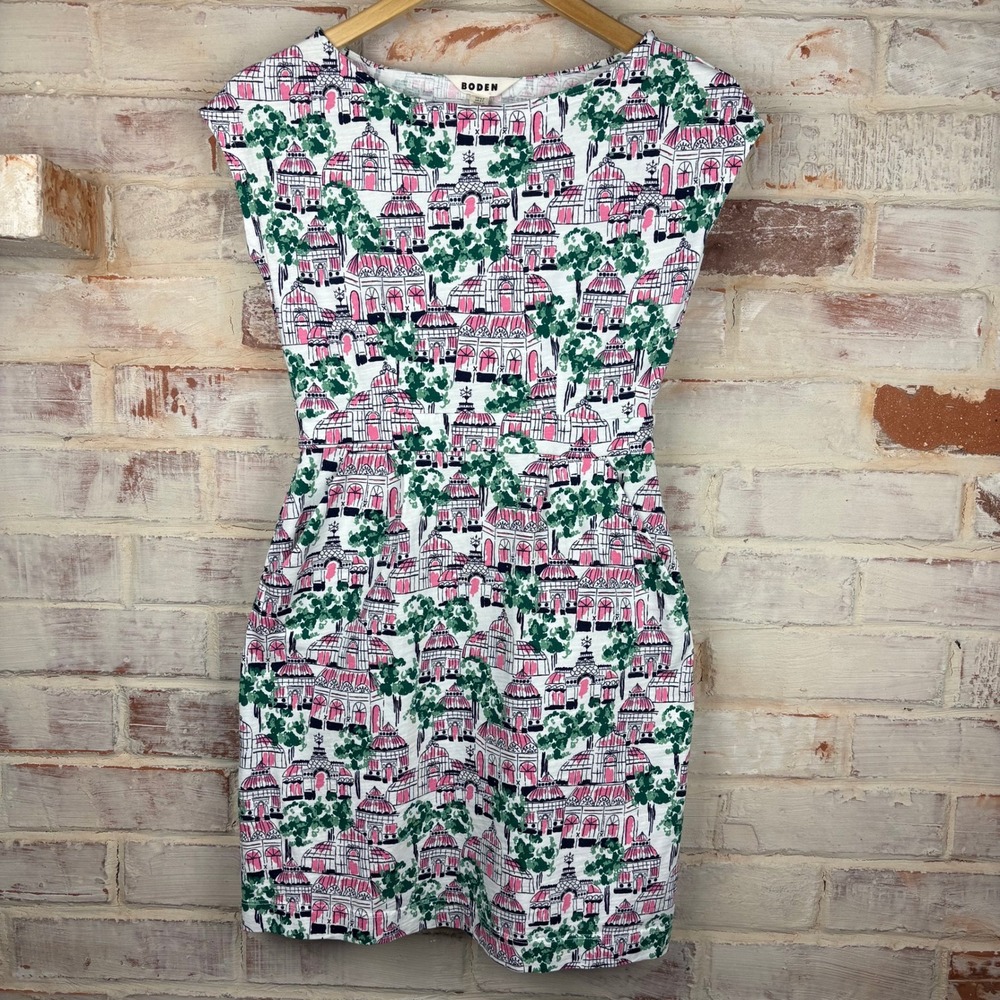 Boden Novelty Greenhouse Print Cotton Shift Dress 2P Petite Cottagecore Pockets